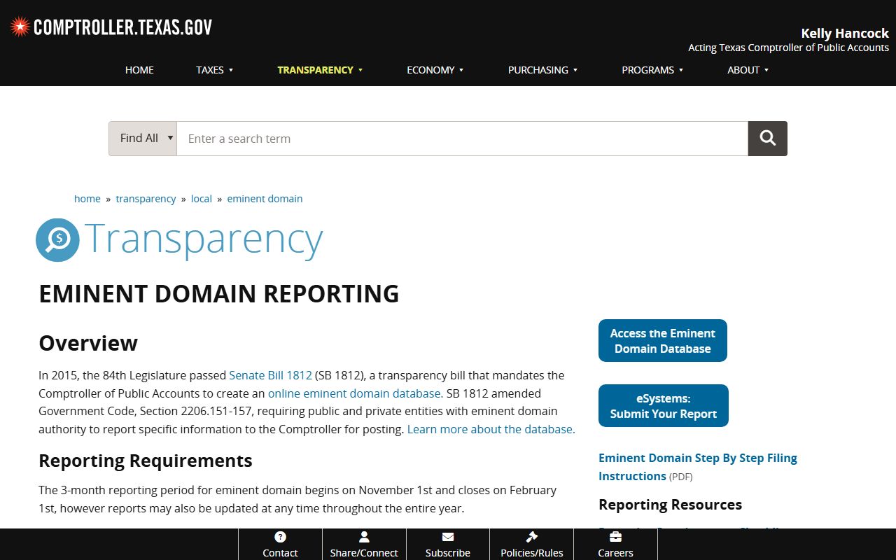 Texas Comptroller eminent domain database property records transparency