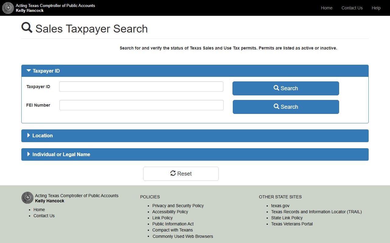 Texas Comptroller sales tax permit search property business records
