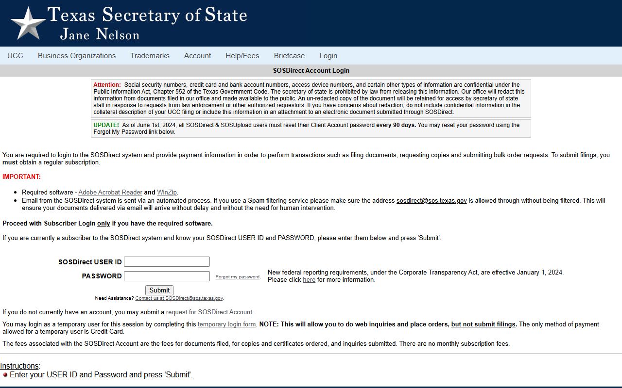 Texas Secretary of State SOSDirect business entity and UCC search property records